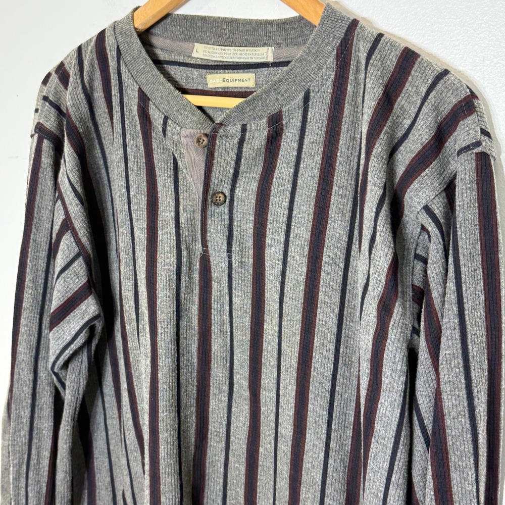 Vintage Basic Equipment Gray Burgundy Stripe Henley Long Sleeve Shirt Size Large